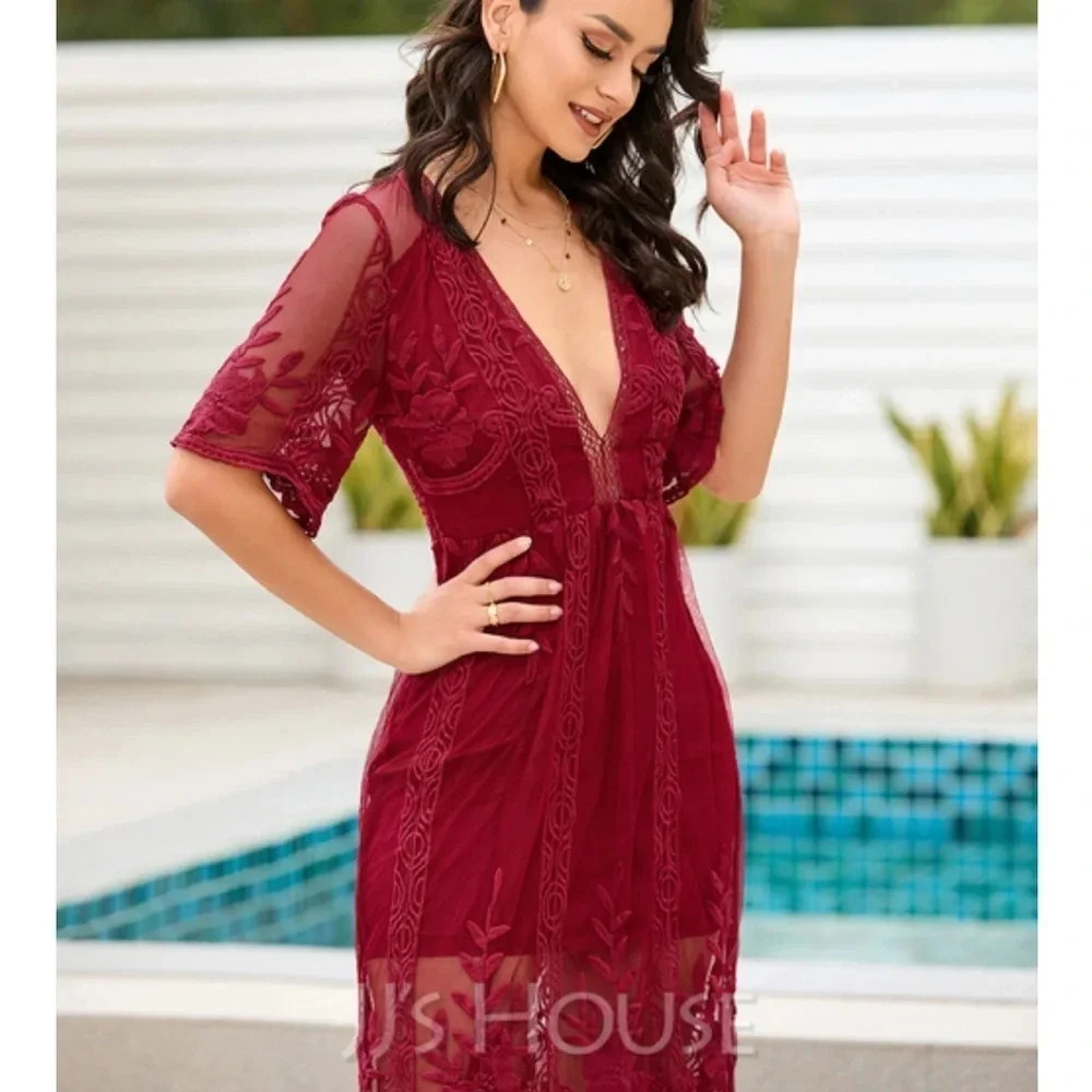 Holiday dress vibes Burgundy Deep V-Neck 1/2 Sleeves lace overlay SIZE S - Picture 6 of 16